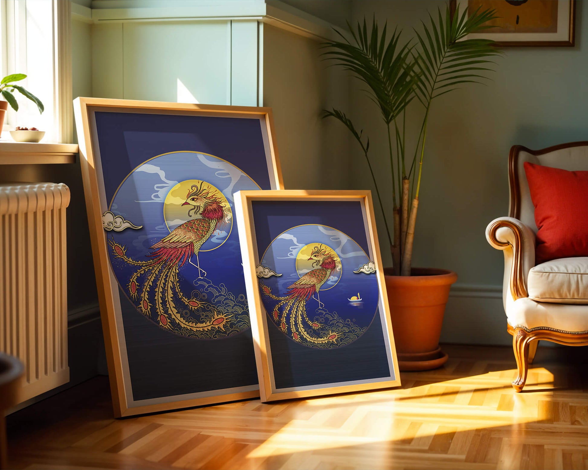 Golden Phoenix with Vibrant Feathers in Mystical Sea Setting