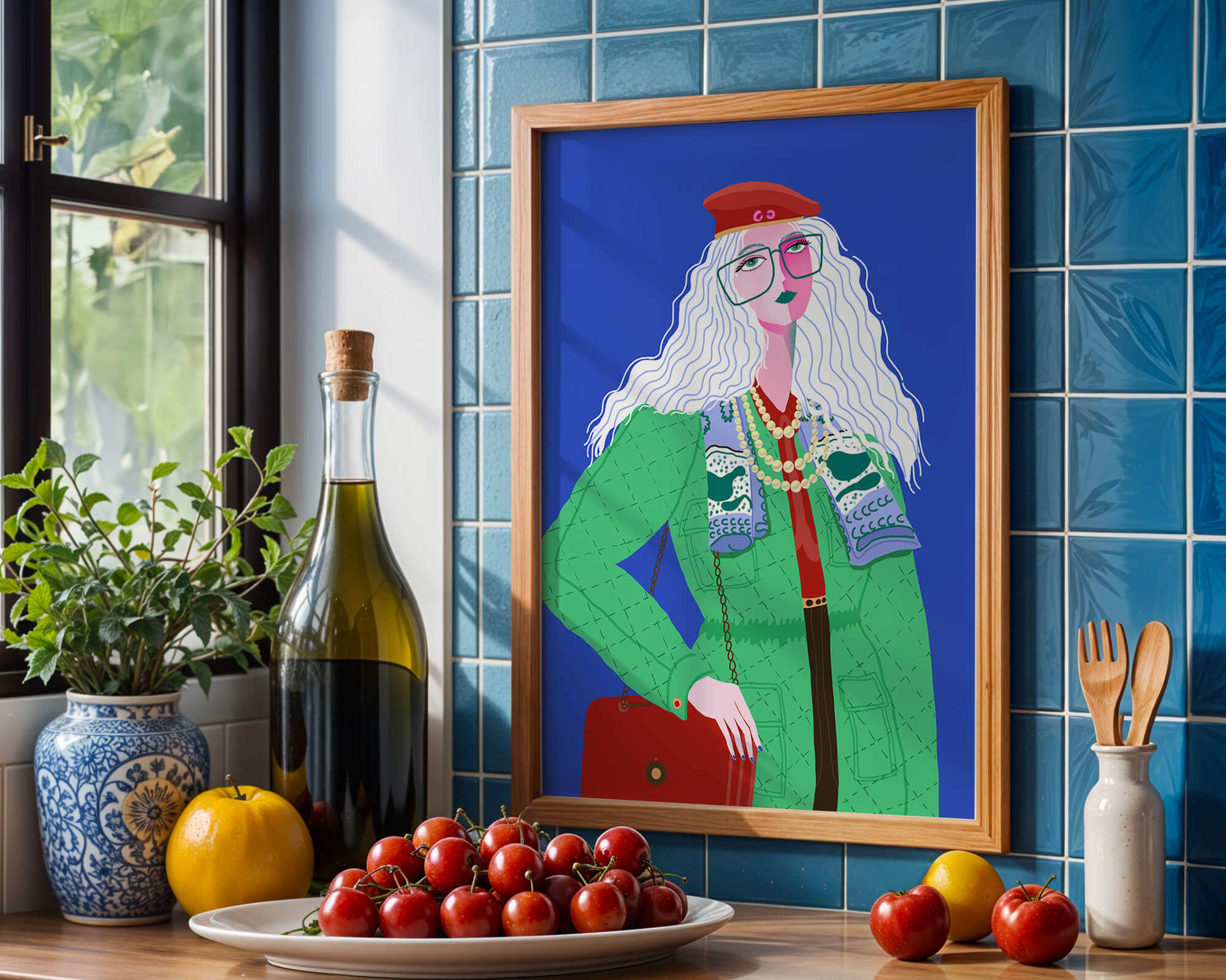 Colorful fashion illustration with striking accessories and vibrant style