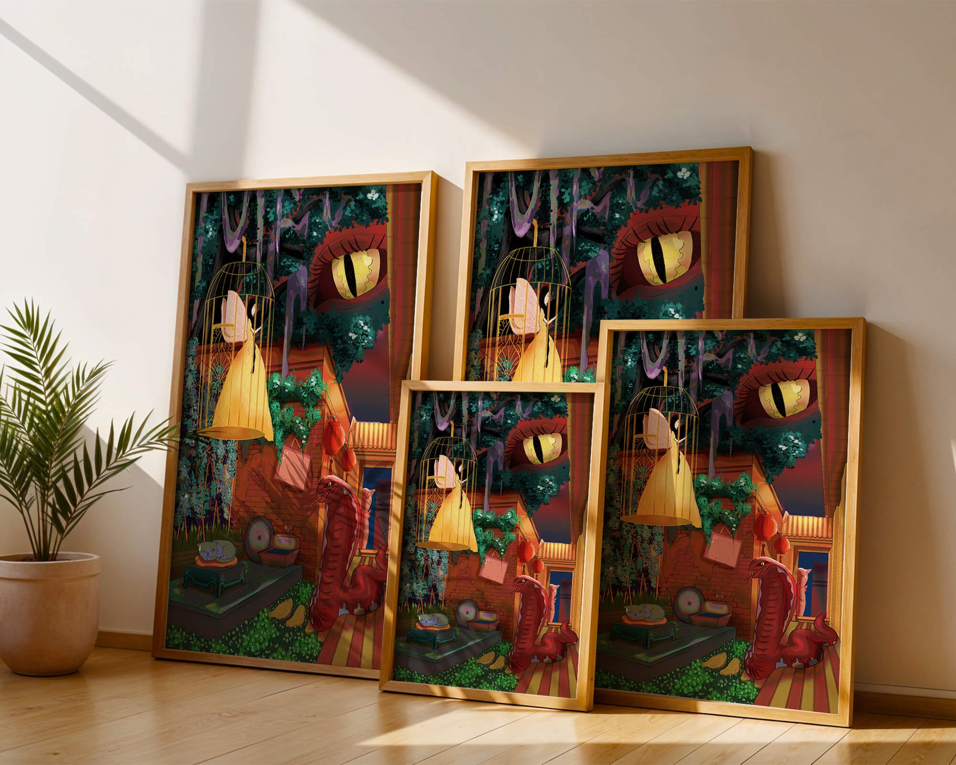 Enchanted garden with fairy, snake, and mysterious elements