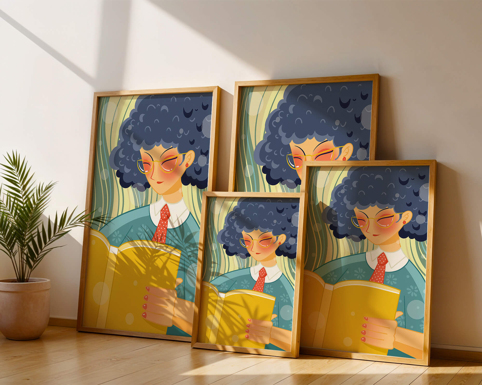 Illustration of a person reading a large yellow book in a stylized design