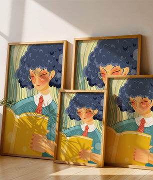 Illustration d'une personne lisant un grand livre jaune dans un style stylisé