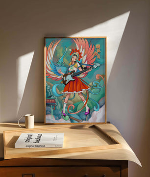 Fusión colorida de arte tradicional y moderno con un músico como protagonista