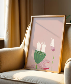Whimsical Rabbits on Lotus with Pink Background