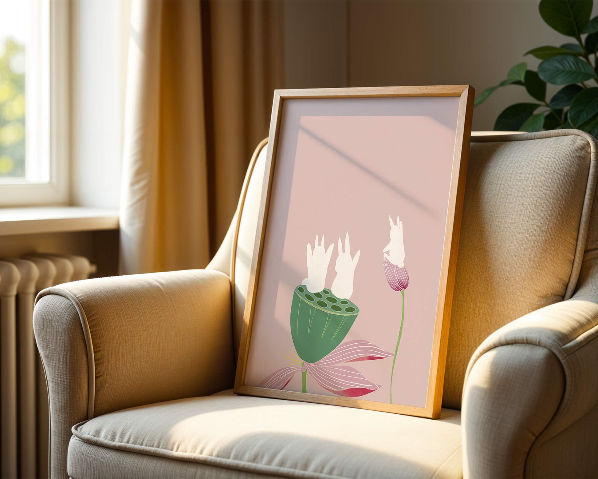 Whimsical Rabbits on Lotus with Pink Background