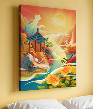 Mystical landscape with cranes and serene mountains