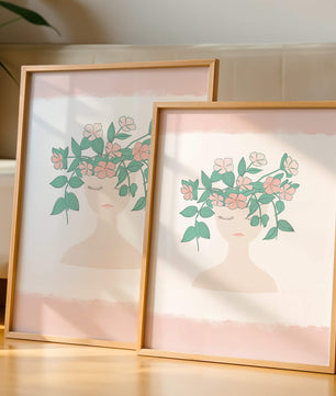 Illustration of a Minimalist Face with Floral Headpiece and Pink Background