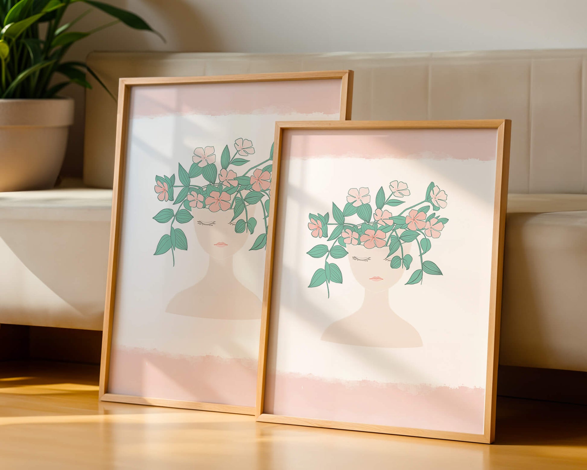 Illustration of a Minimalist Face with Floral Headpiece and Pink Background