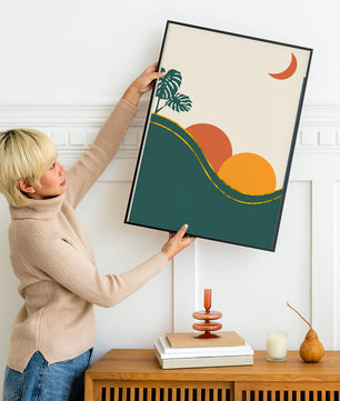 Minimalist Landscape With Mountains And Monstera Leaves At Sunset - Mi tienda