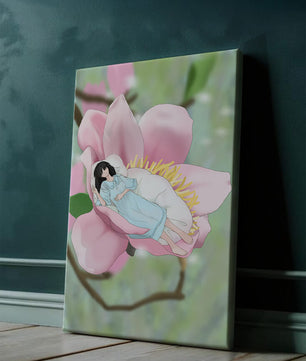 Escena onírica de una mujer durmiendo en una gran flor rosa