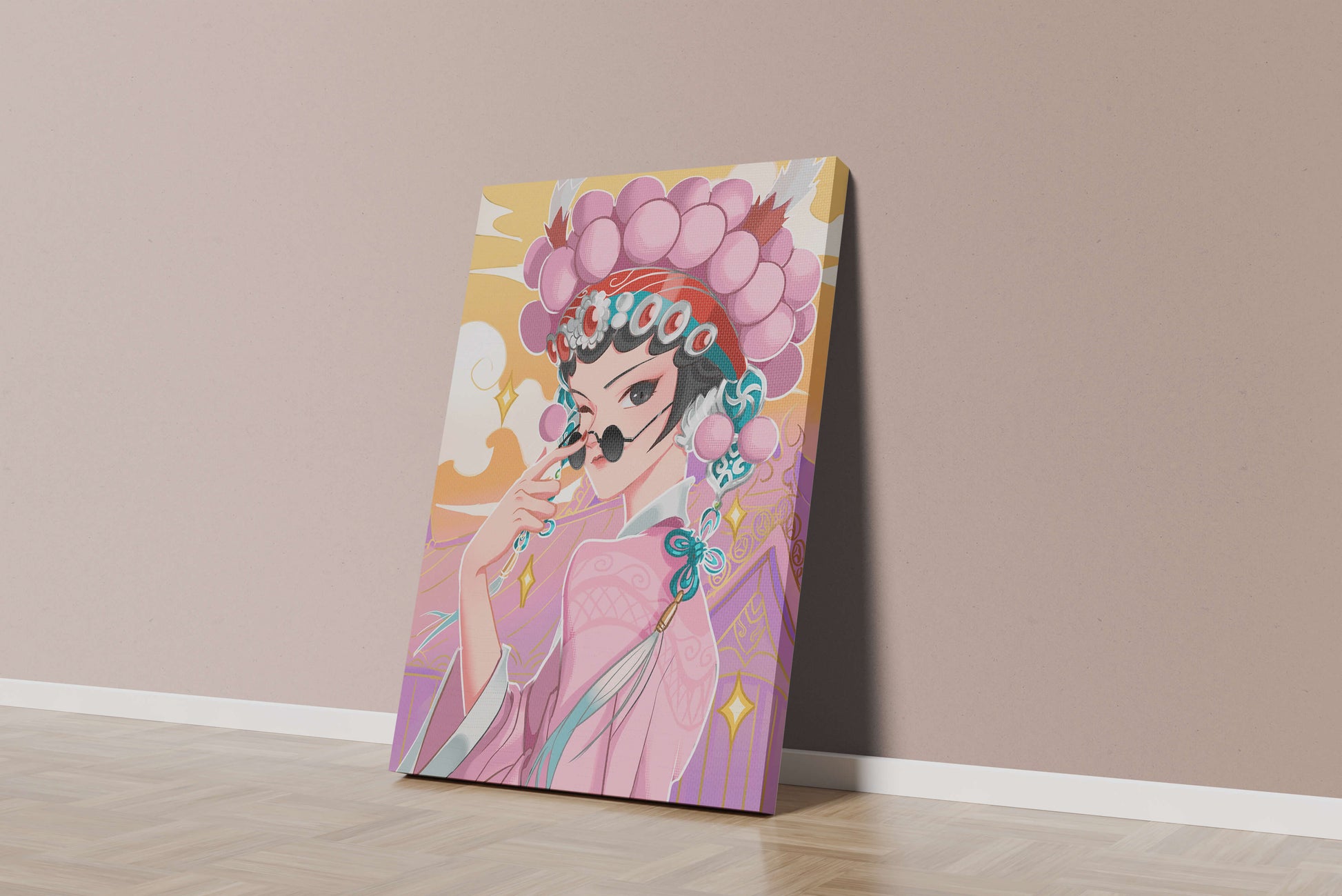 Elegant anime character in traditional attire with golden accents