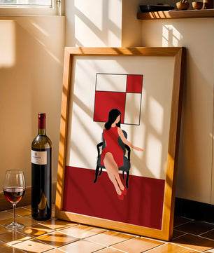 Mujer abstracta en vestido rojo sentada en una silla con arte geométrico en la pared