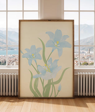 Ilustración elegante de flores azul claro con tallos verdes