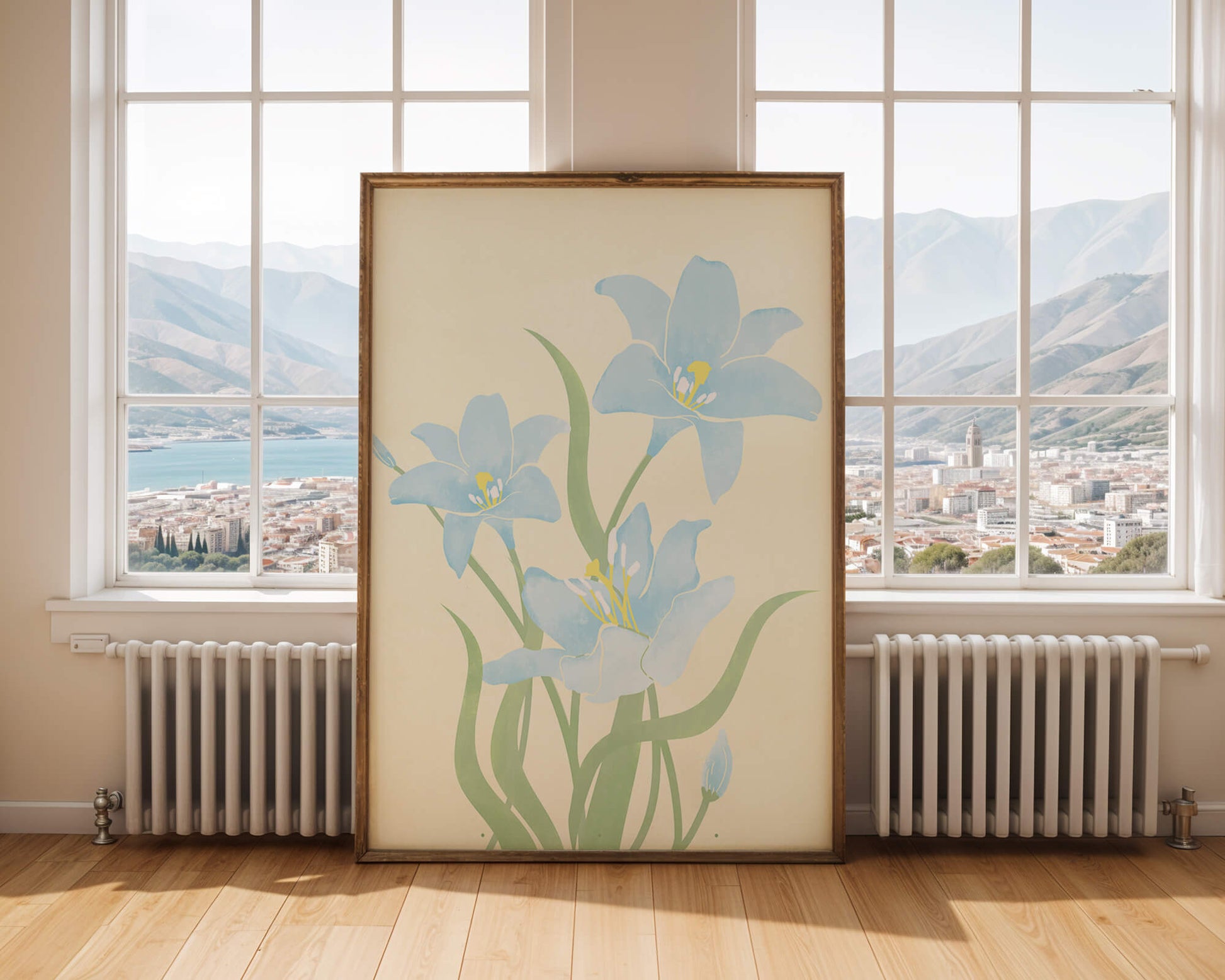 Ilustración elegante de flores azul claro con tallos verdes