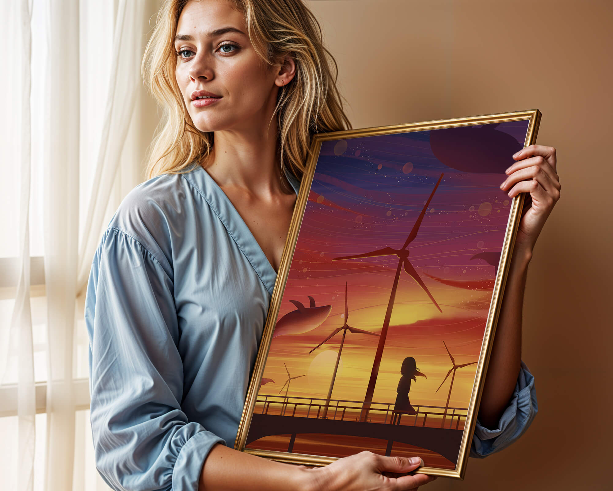 Enchanting sunset scene with wind turbines and silhouette of a girl