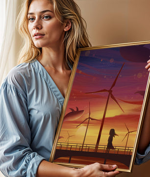 Enchanting sunset scene with wind turbines and silhouette of a girl