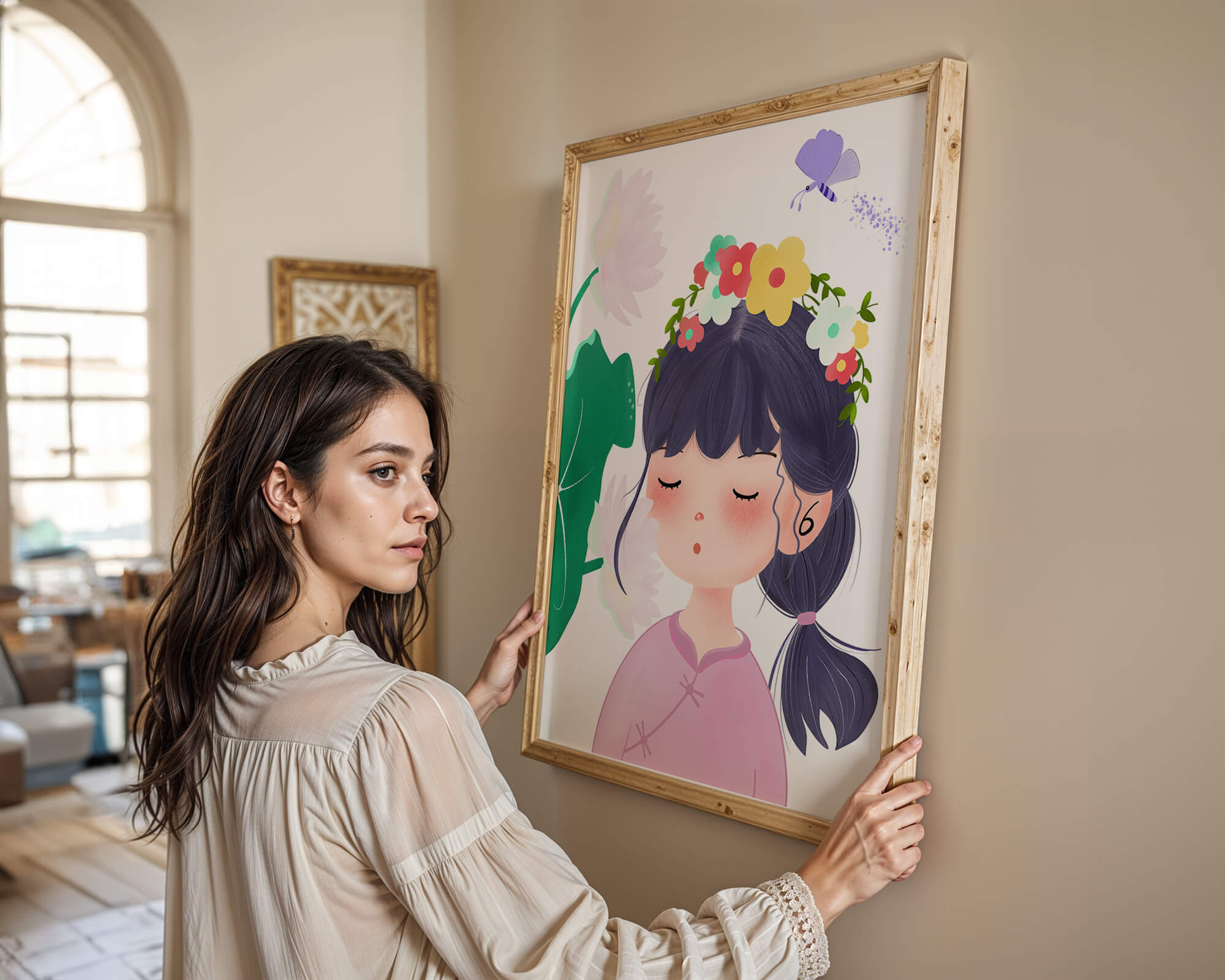 Whimsical illustration of a girl with a flower crown and butterfly