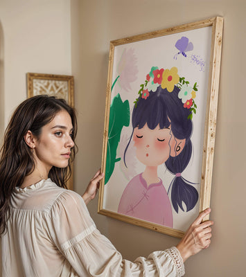 Whimsical illustration of a girl with a flower crown and butterfly