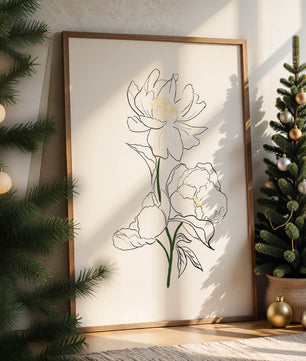 Elegante Pfingstrosen-Linienkunst mit goldenen Akzenten