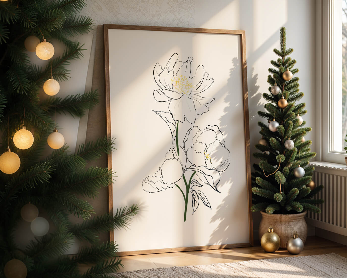 Elegante Pfingstrosen-Linienkunst mit goldenen Akzenten