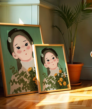 Illustration of a girl with flowers and a beret on a green background
