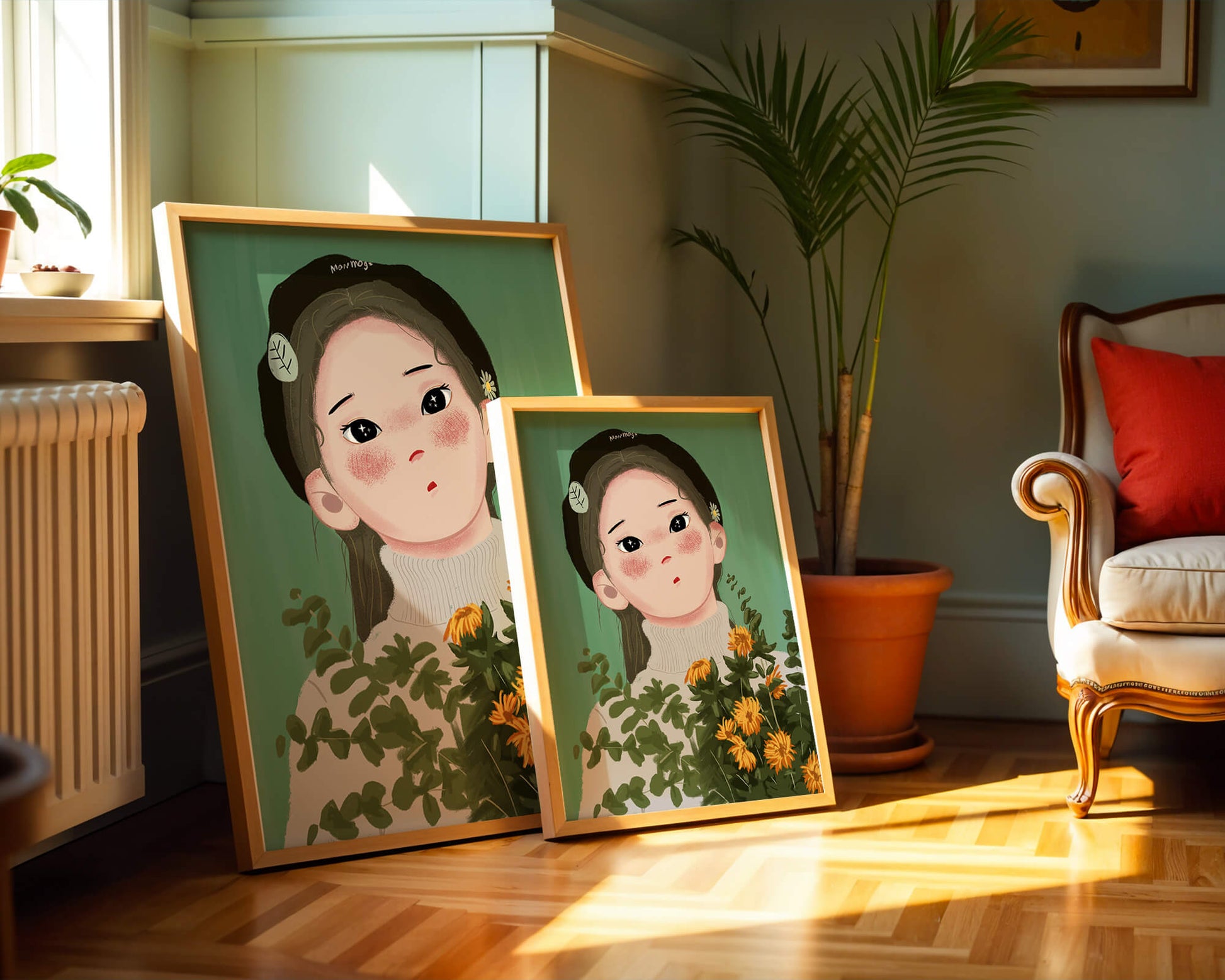Illustration of a girl with flowers and a beret on a green background