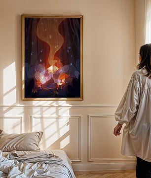 Magical forest scene with lantern and glowing hair