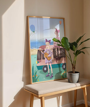 Serene beach scene with whimsical characters and hot air balloons