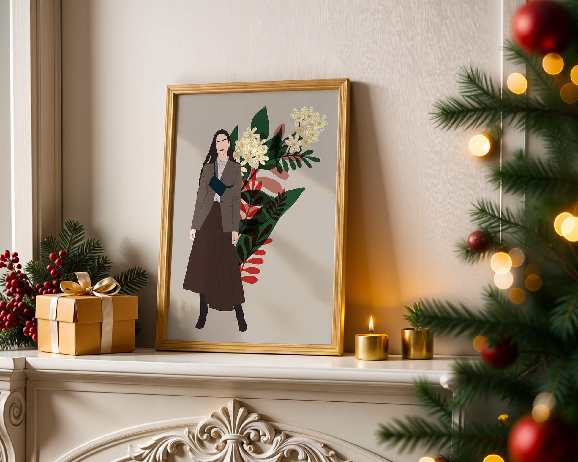 Elegant woman illustration with floral background in earthy tones