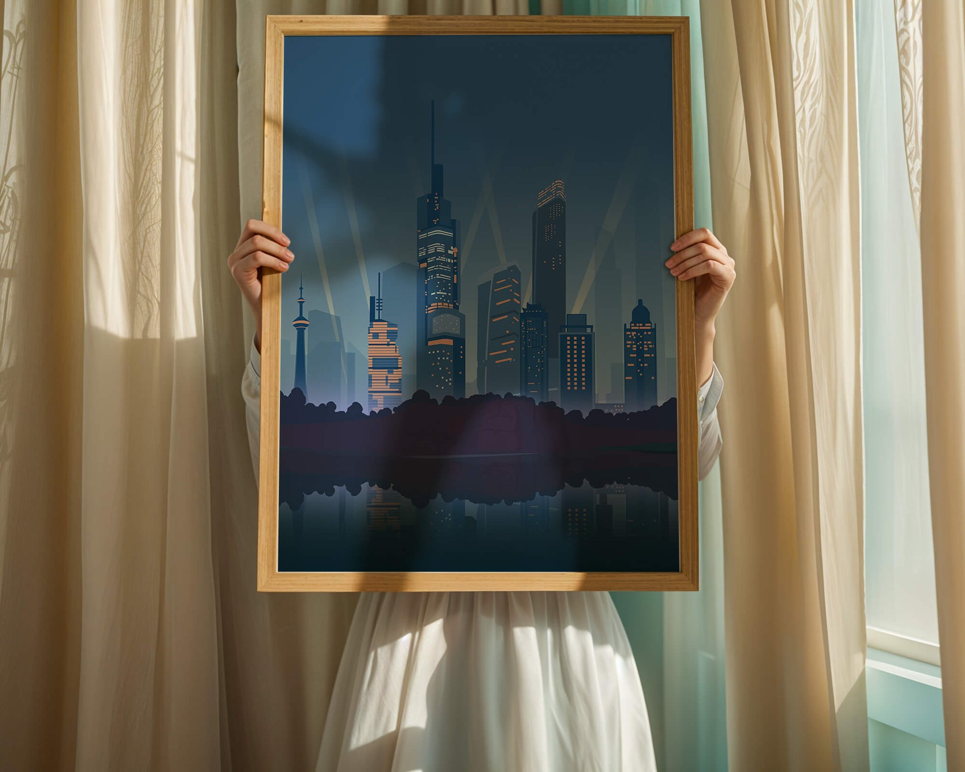Modern cityscape with illuminated skyscrapers reflecting on water