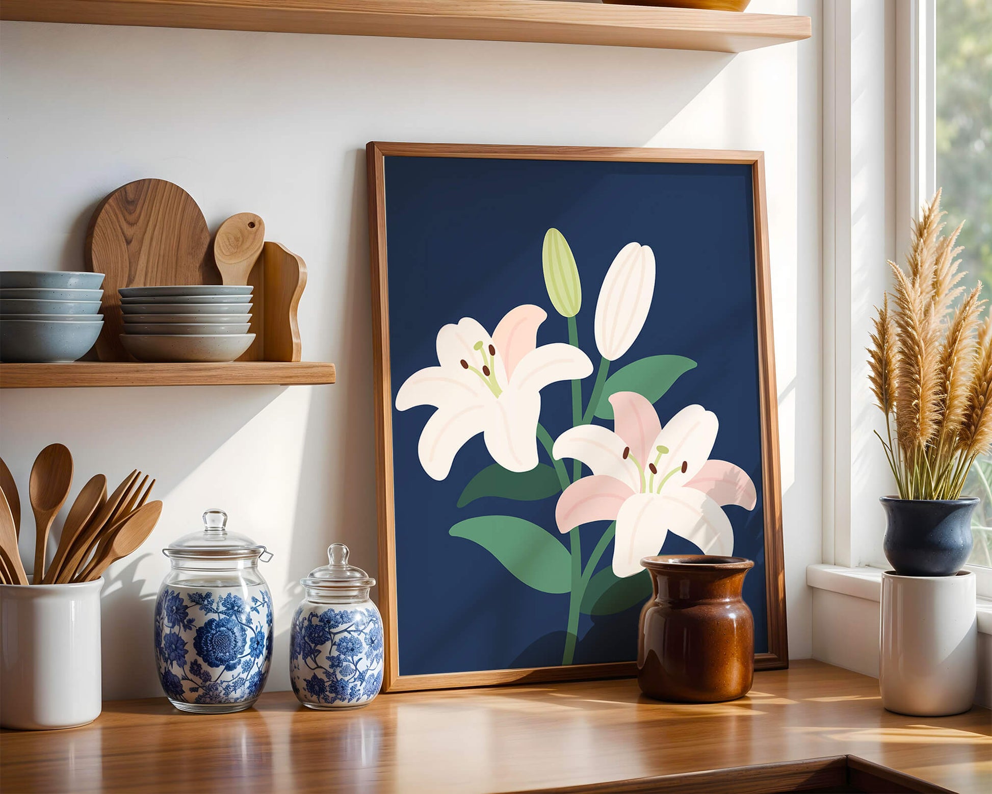 Lirios elegantes sobre un fondo azul oscuro