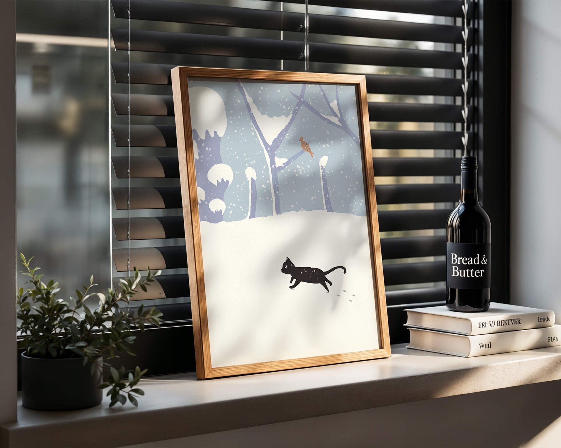 Illustrated snowy landscape with playful black cat and bird in winter scenery