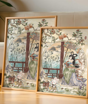 Peaceful Garden Scene with Girl and Rabbit