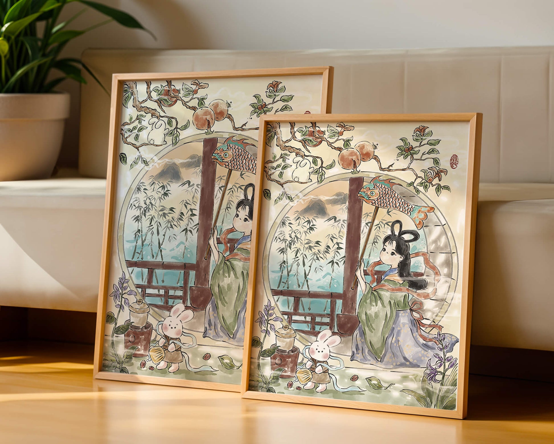 Escena de jardín tranquilo con una niña y un conejo