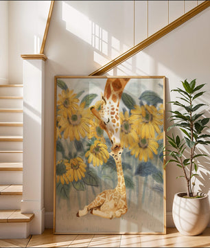 Pintura acuarela de jirafas y girasoles en una escena tierna de una familia de jirafas