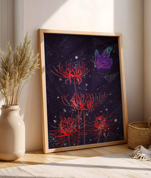 Vivid Night Sky with Red Spider Lilies and Purple Butterfly - Mi tienda