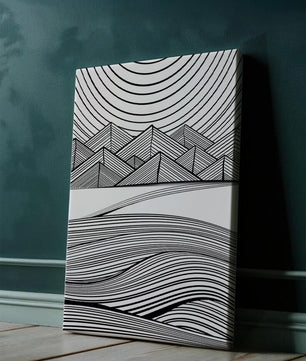 Abstract Black and White Geometric Landscape with Line Art