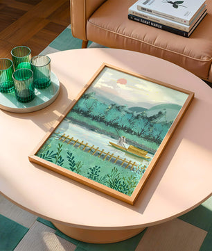 Ruhige Landschaft mit Bootsmann auf dem Fluss bei Sonnenaufgang