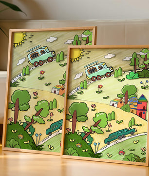 Whimsical landscape with houses, cars, and colorful flora