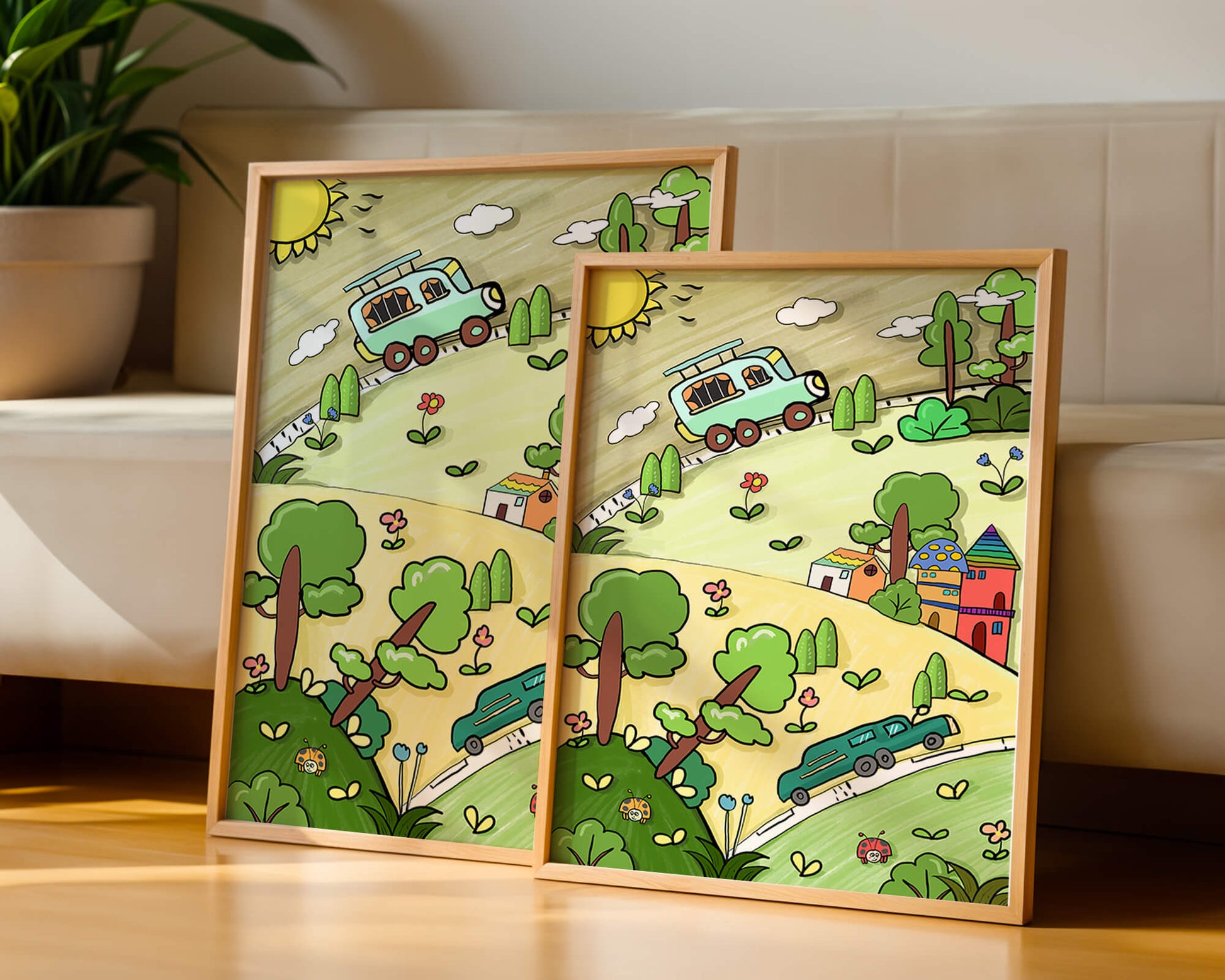 Whimsical landscape with houses, cars, and colorful flora