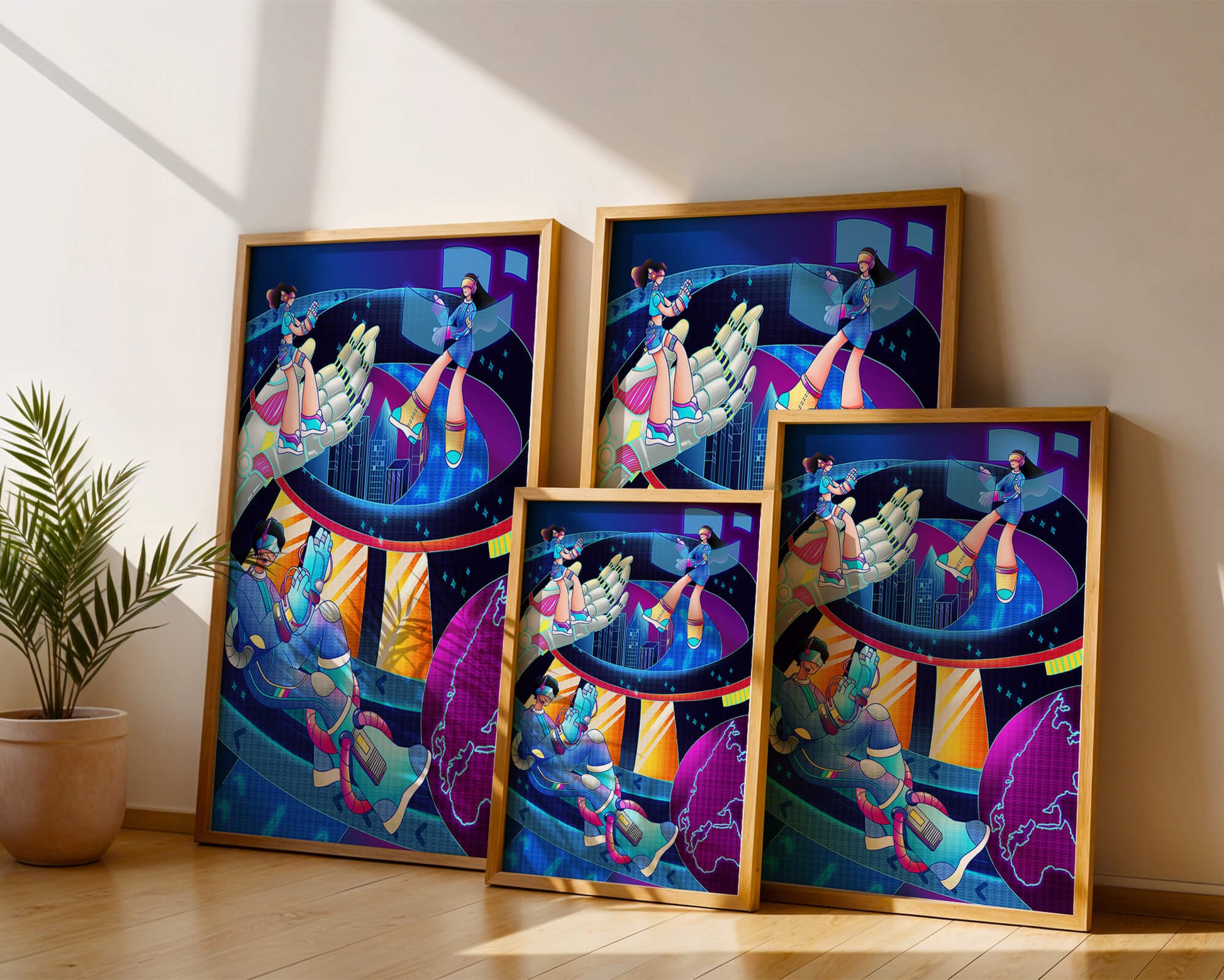 Realidad virtual futurista con obra de arte neón vibrante