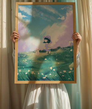 A Little Girl in a Purple Dress and Hat with a White Rabbit in a Flower Field Under a Blue Sky