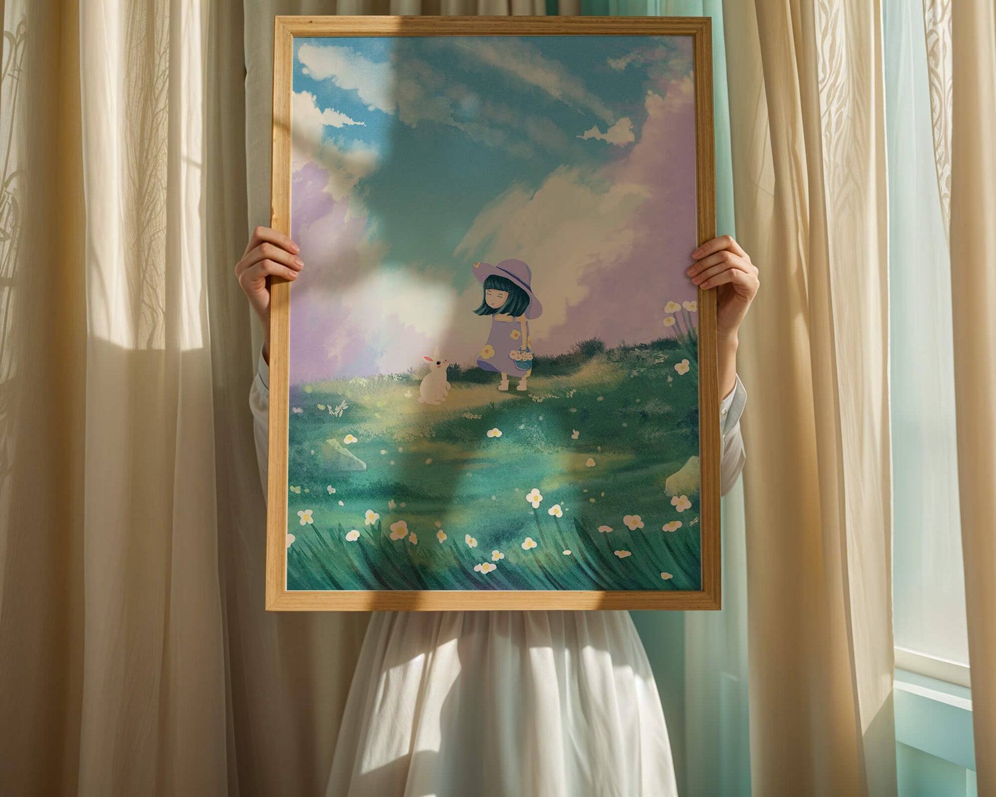 A Little Girl in a Purple Dress and Hat with a White Rabbit in a Flower Field Under a Blue Sky