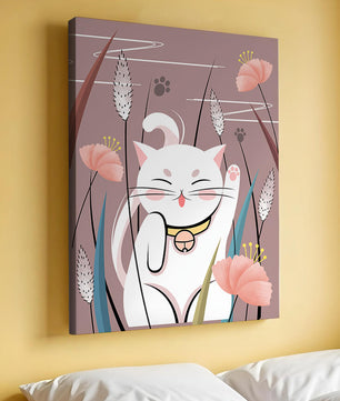 Ilustración de un gato maneki-neko en un entorno de jardín floral