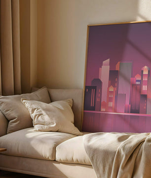 Modern Abstract Cityscape at Sunset with Reflective Water - Mi tienda