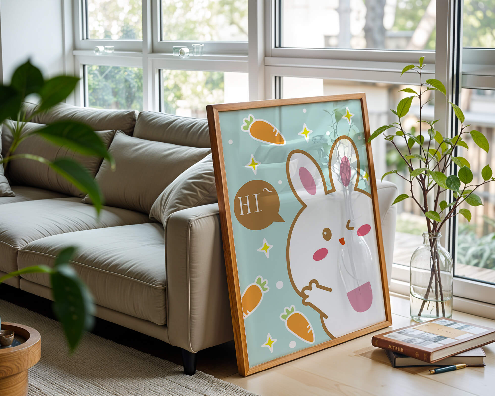 Playful cartoon bunny with carrots and stars on teal background