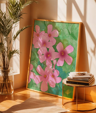 Zarte rosa Blüten auf einem leuchtend grünen Hintergrund Illustration