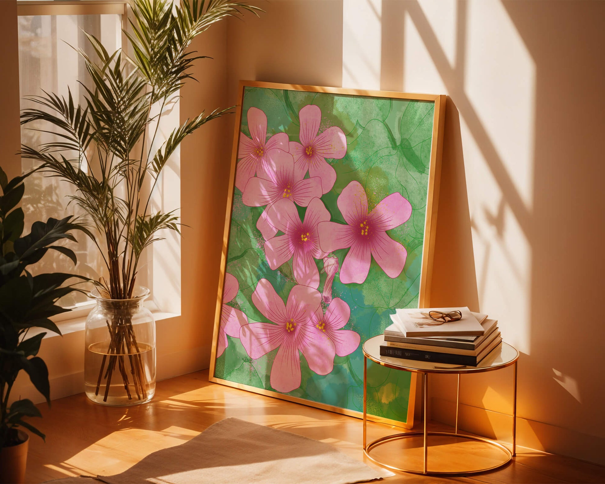 Zarte rosa Blüten auf einem leuchtend grünen Hintergrund Illustration