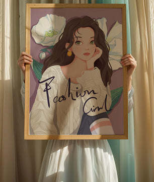 Illustrated fashion girl with floral background and purple theme