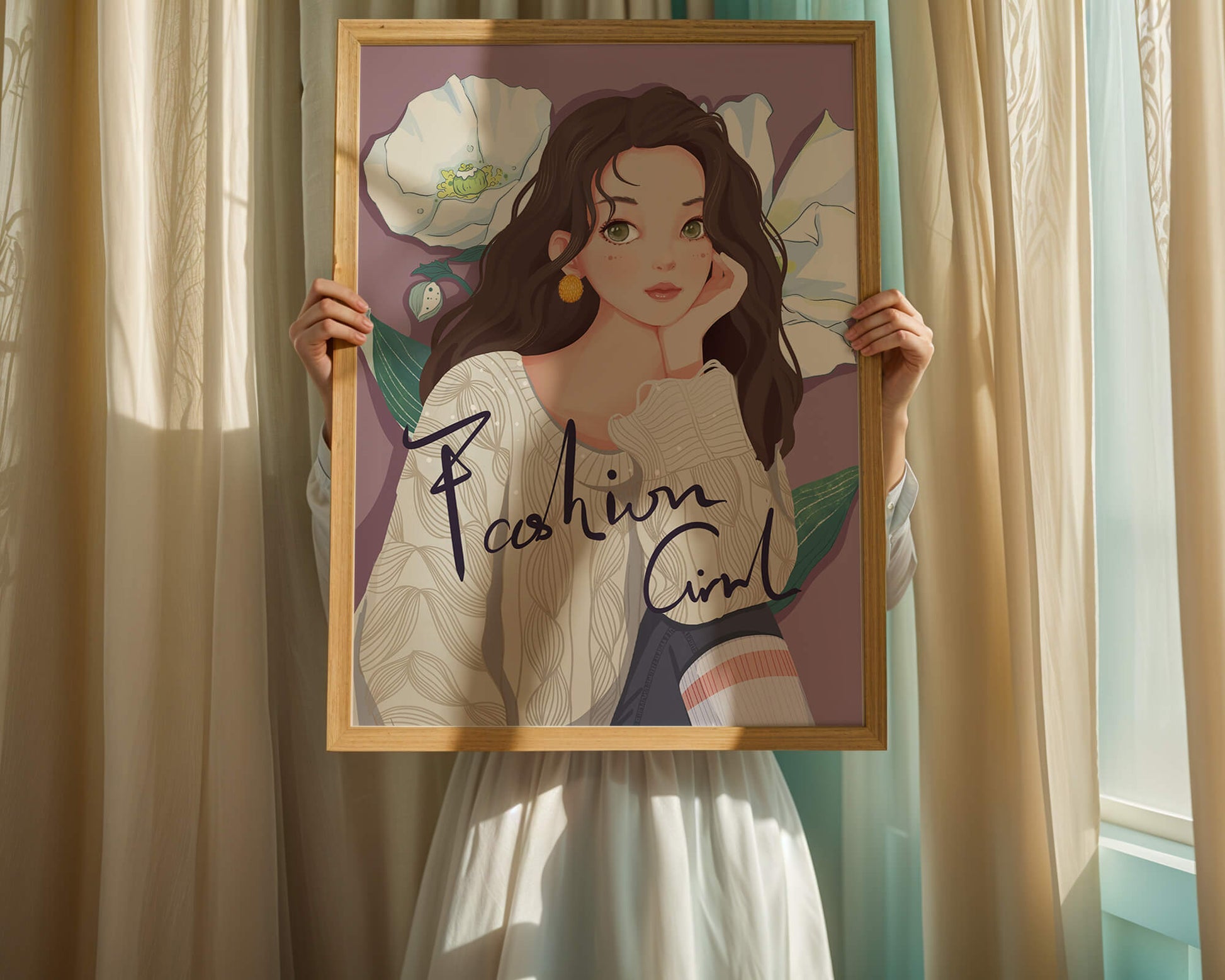 Illustrated fashion girl with floral background and purple theme