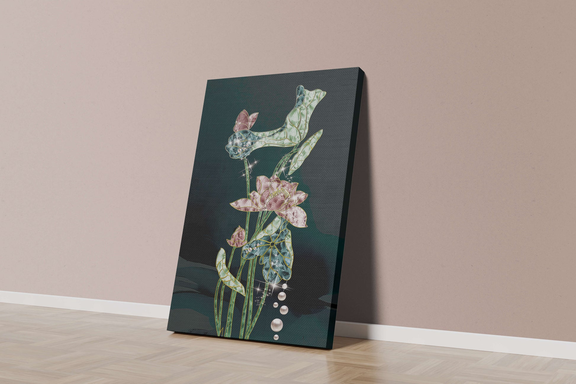 Floral Lotus Design with Gold Accents and Dew Drops